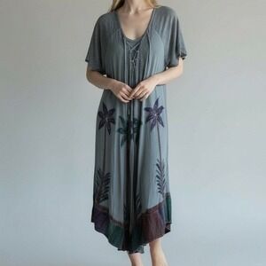 Sakkas Dress Women‎ Large Blue Embroidered Flared Relaxed Kai Palm Tree Caftan